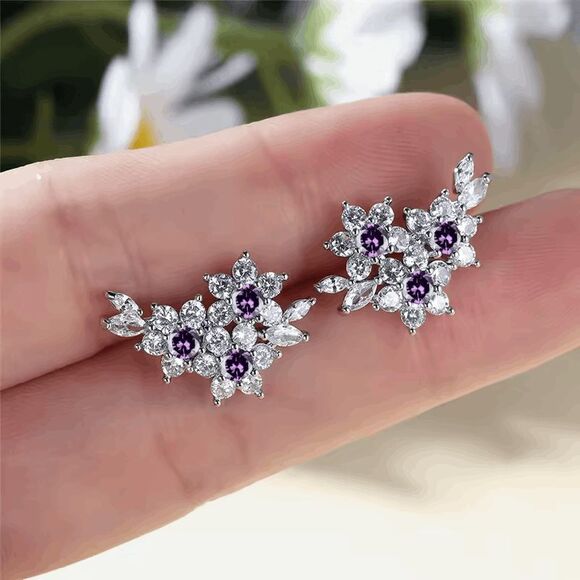Boho Amethyst White Diamond Flower Stud Earrings - Picture 3 of 3